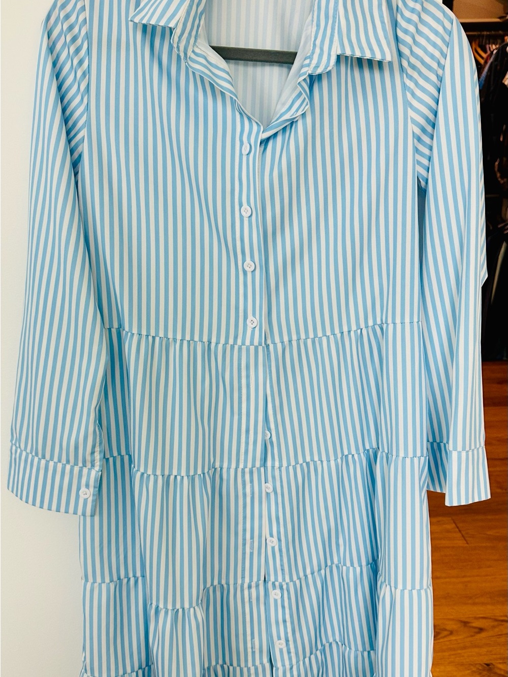 Light Blue & White Striped Button-Front Tiered Dress